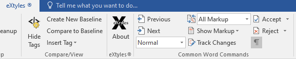 Partial screenshot of the eXtyles tab of the MS Word ribbon with the 'Common Word Commands' section highlighted