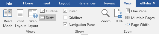 Screenshot of the MS Word ribbon on the View tab, showing the Draft button highlighted