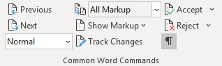 The Common Word Commands group includes two commands from the Home tab, the Styles dropdown (bottom left) and the show or hide non-printing characters toggle button (bottom right).